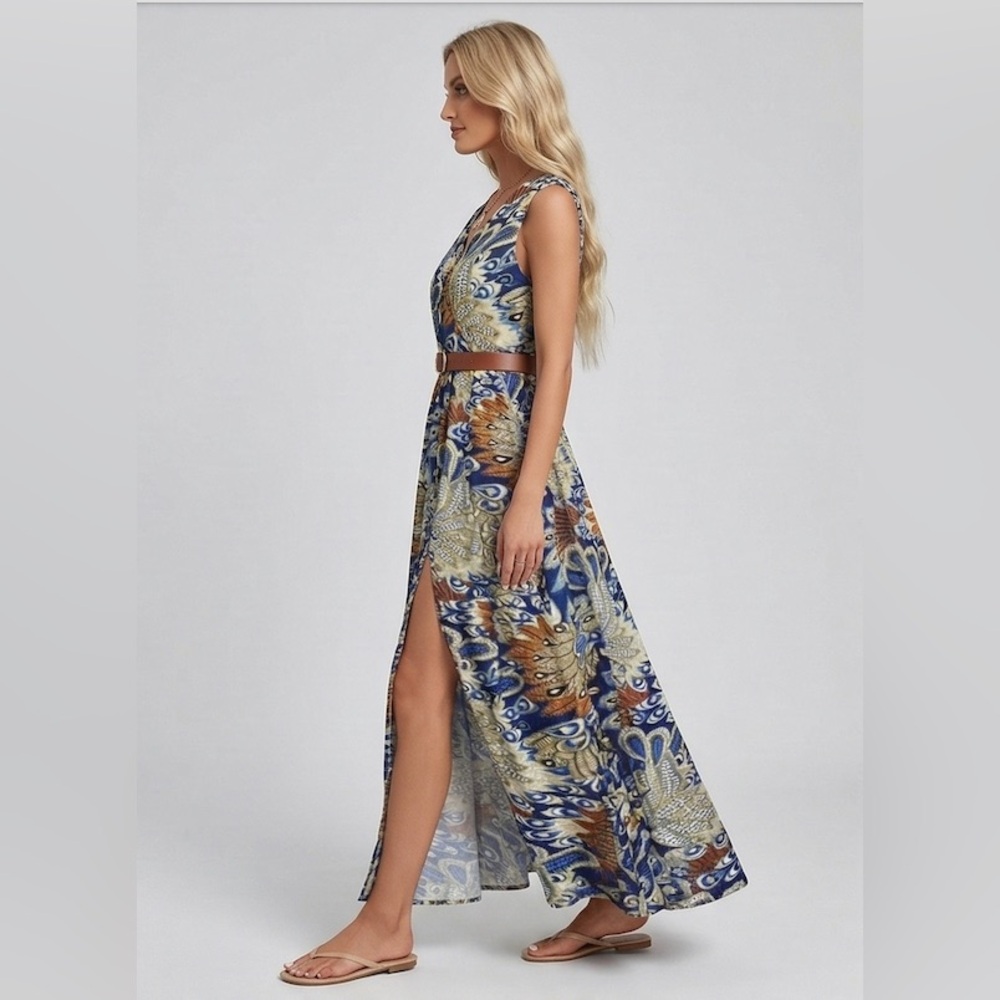 Bohemian Peacock Print V-Neck Maxi Dress - Picture 6 of 10